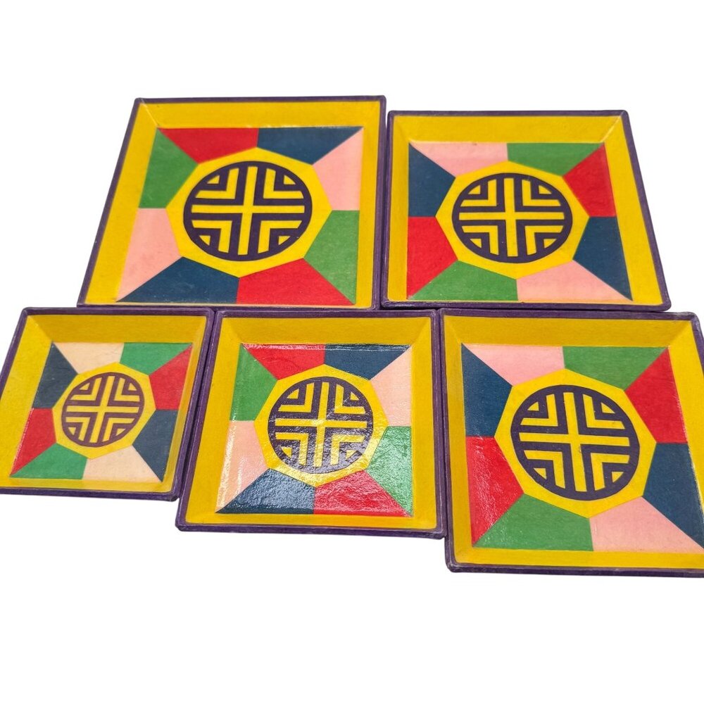 Korean Hanji Lacquered Nesting Square Trays Set 5 Stackable Decor Multicolor Vtg